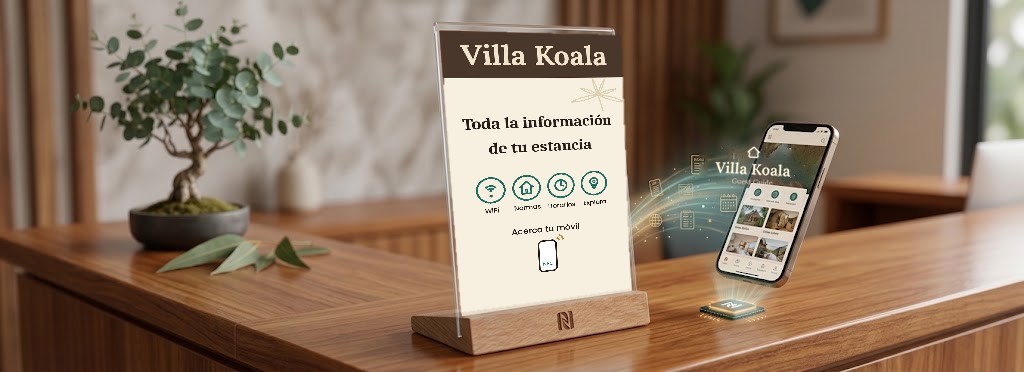 Placa guest info sobre un mueble de recibidor, con móvil acercándose