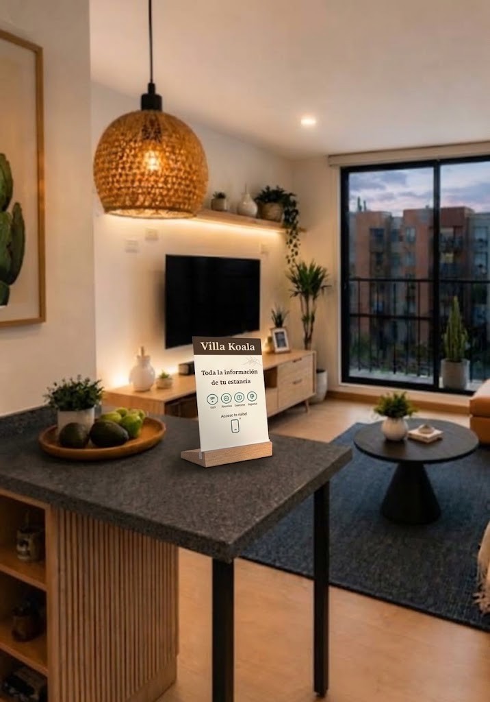 Placa guest info sobre la encimera de un apartamento turístico